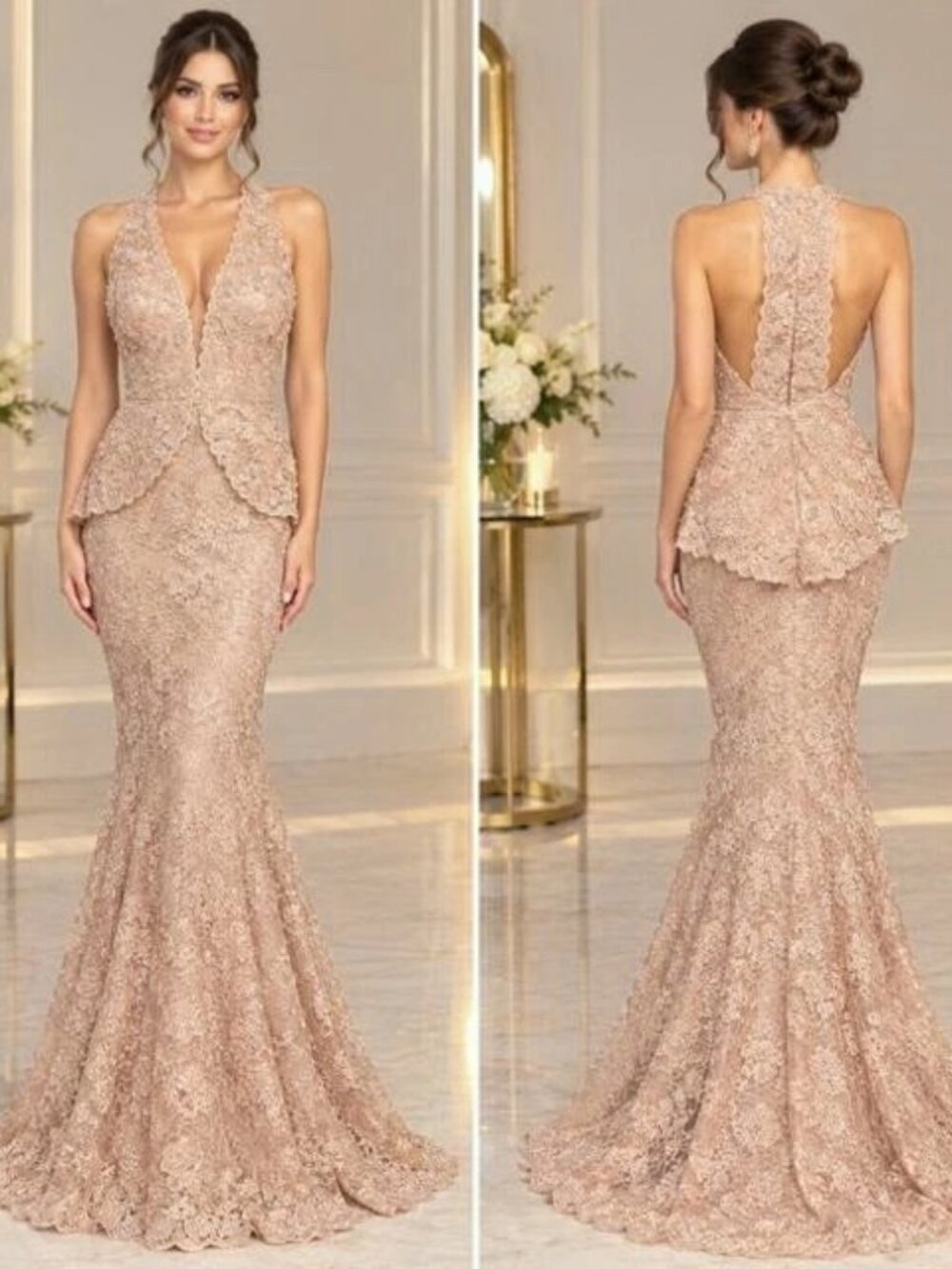 Champagne Beige Sequin Embroidered Mesh Gown